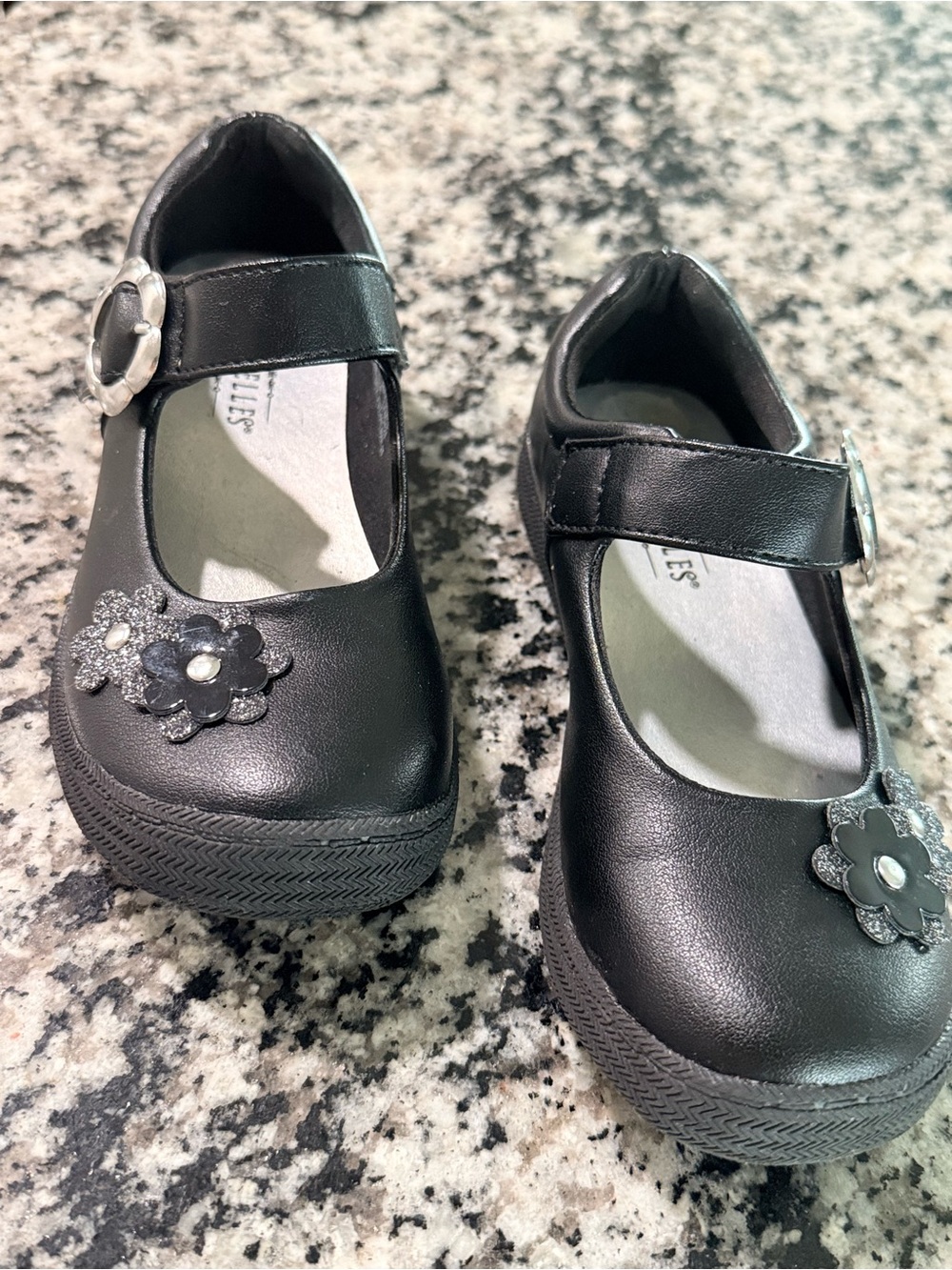 Girls Black Mary Jane Shoes with Flower Accent